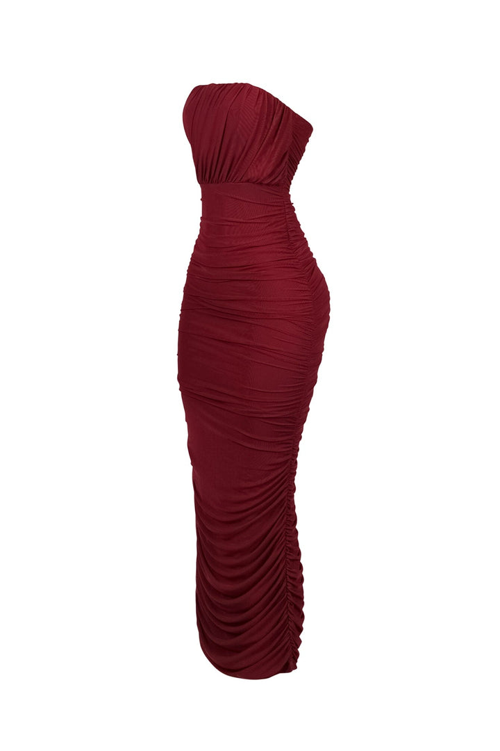 Bodycon mesh tube dress featuring horizontal ruched detailing throughout and a flattering back slit