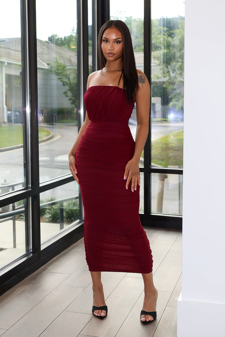 Bodycon mesh tube dress featuring horizontal ruched detailing throughout and a flattering back slit