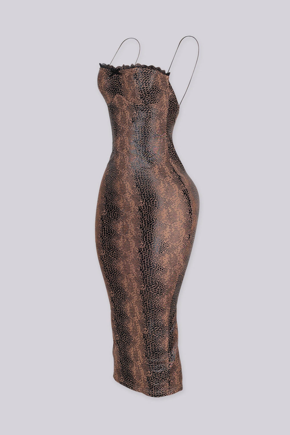 EDGEBYKS - Snake print bodycon midi dress with a sweetheart lace neckline, side view