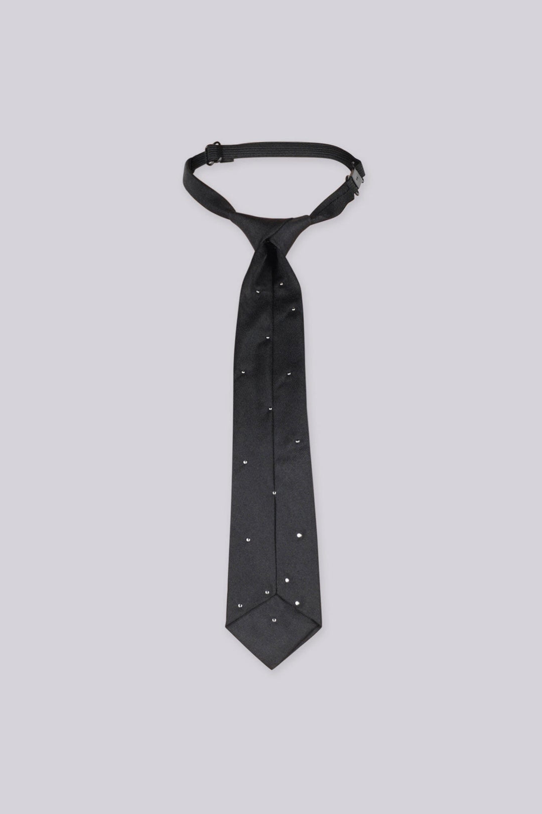 Black rhinestone-embellished necktie with scattered stud detailing, close-up flat lay