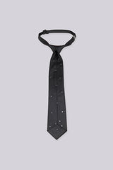 Black rhinestone-embellished necktie with scattered stud detailing, close-up flat lay