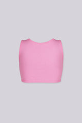 Ribbed knit crop tank top featuring V shape cutout at center front into a small ruched cinch