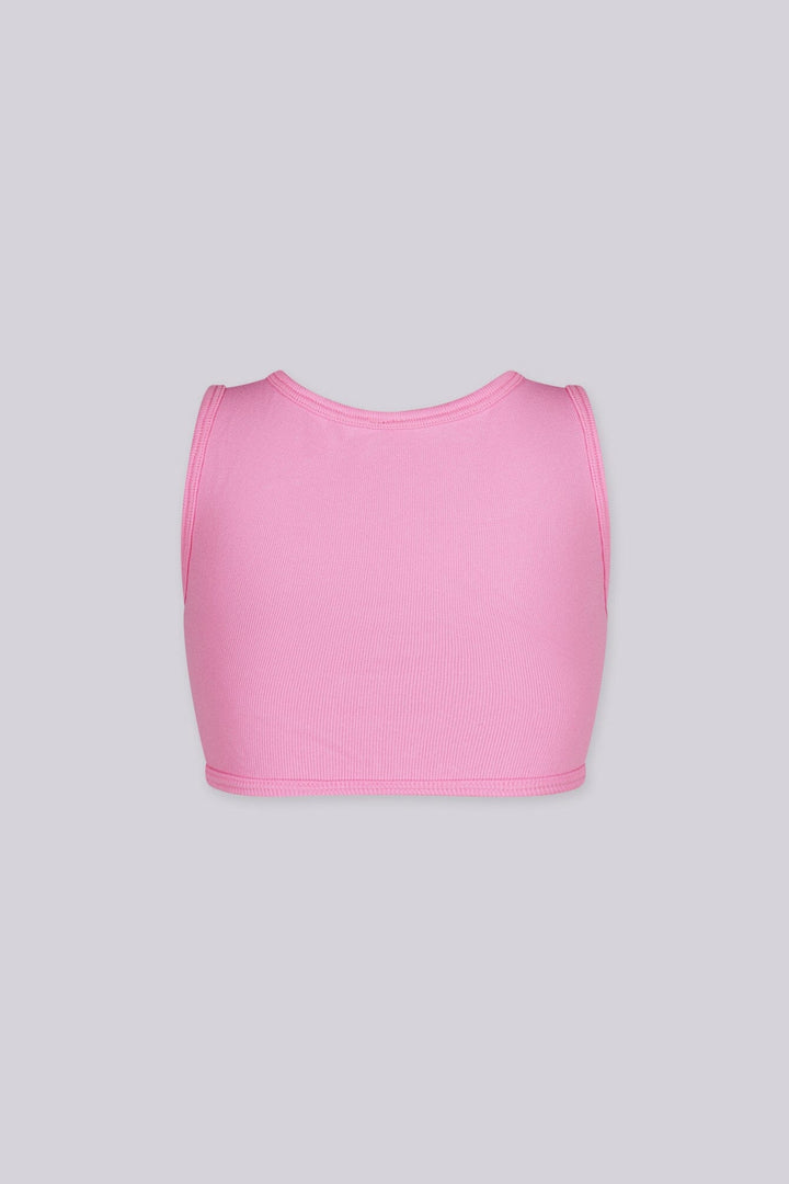 Ribbed knit crop tank top featuring V shape cutout at center front into a small ruched cinch