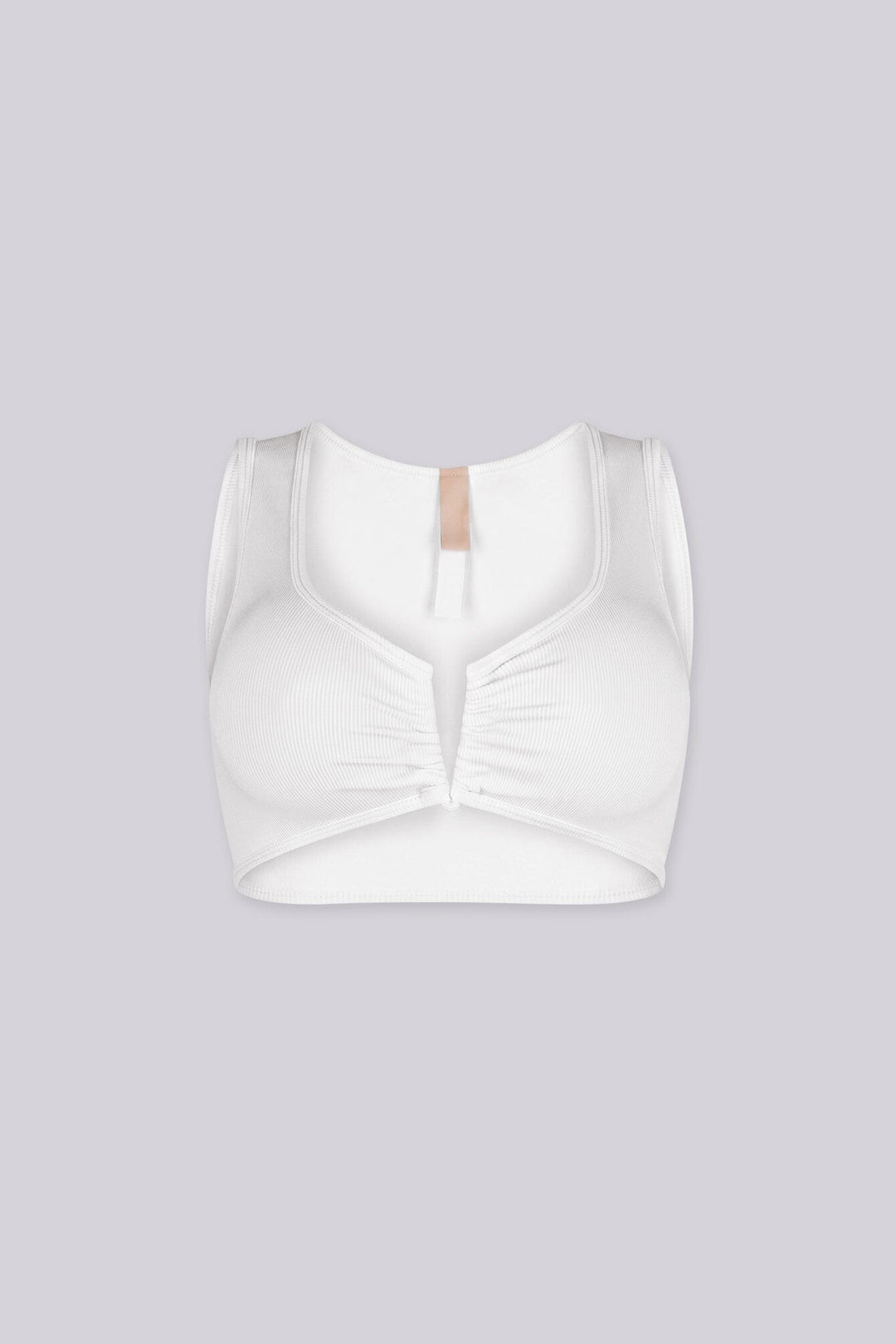 Ribbed knit crop tank top featuring V shape cutout at center front into a small ruched cinch