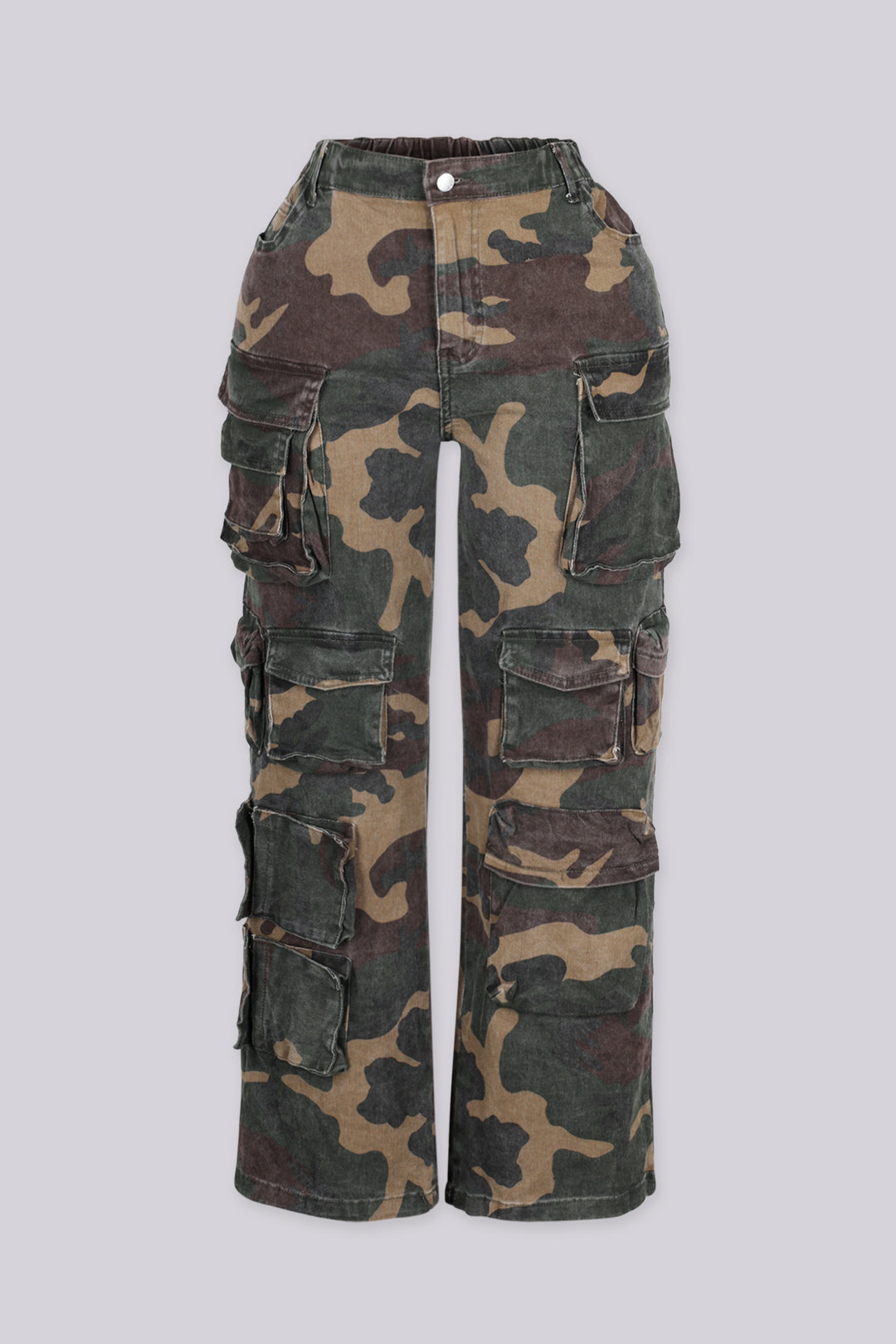 High waist wide leg camo pants with multiple oversized cargo pockets with flap