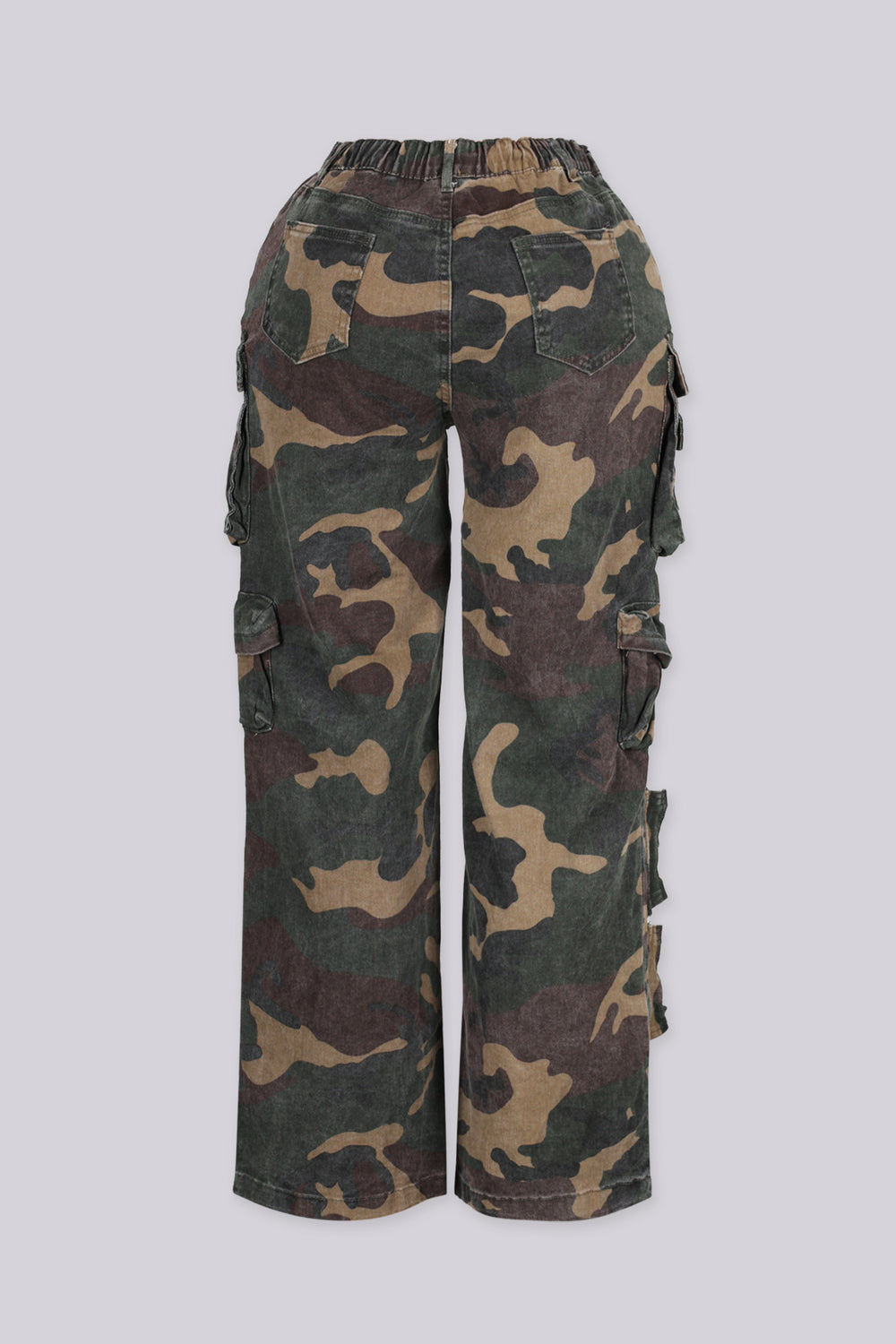 High waist wide leg camo pants with multiple oversized cargo pockets with flap