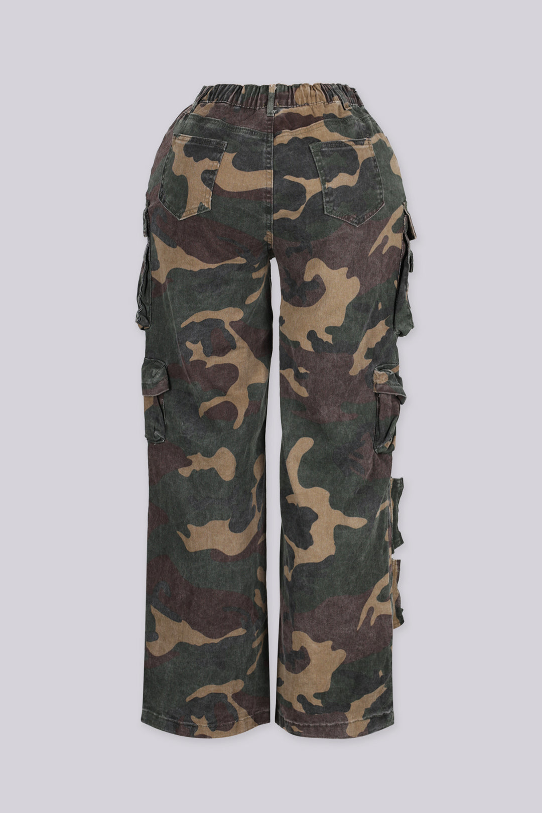 High waist wide leg camo pants with multiple oversized cargo pockets with flap