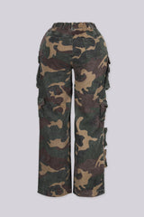 High waist wide leg camo pants with multiple oversized cargo pockets with flap
