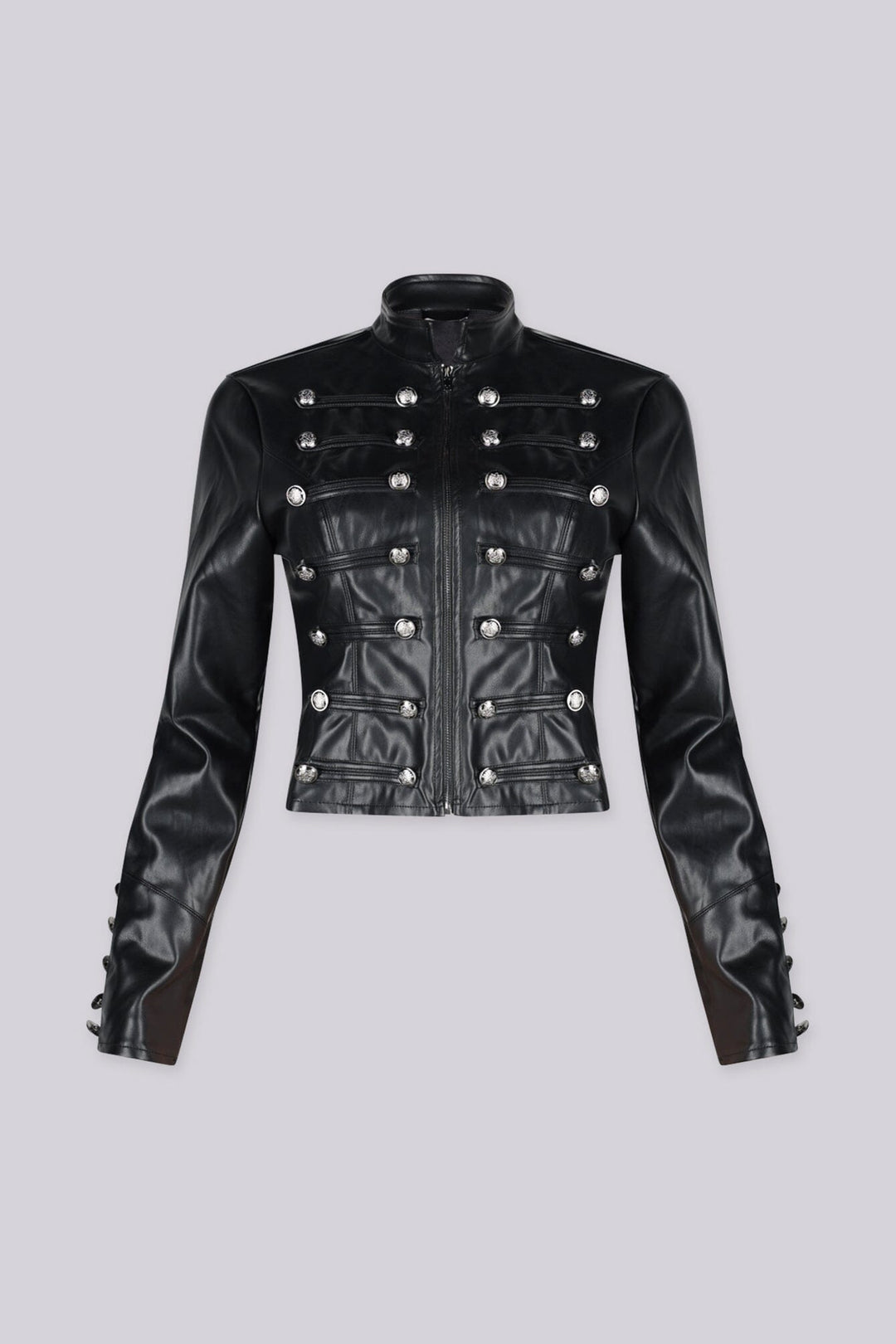 Military inspired fitted faux leather jacket with a stand collar