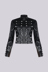 Military inspired fitted faux leather jacket with a stand collar