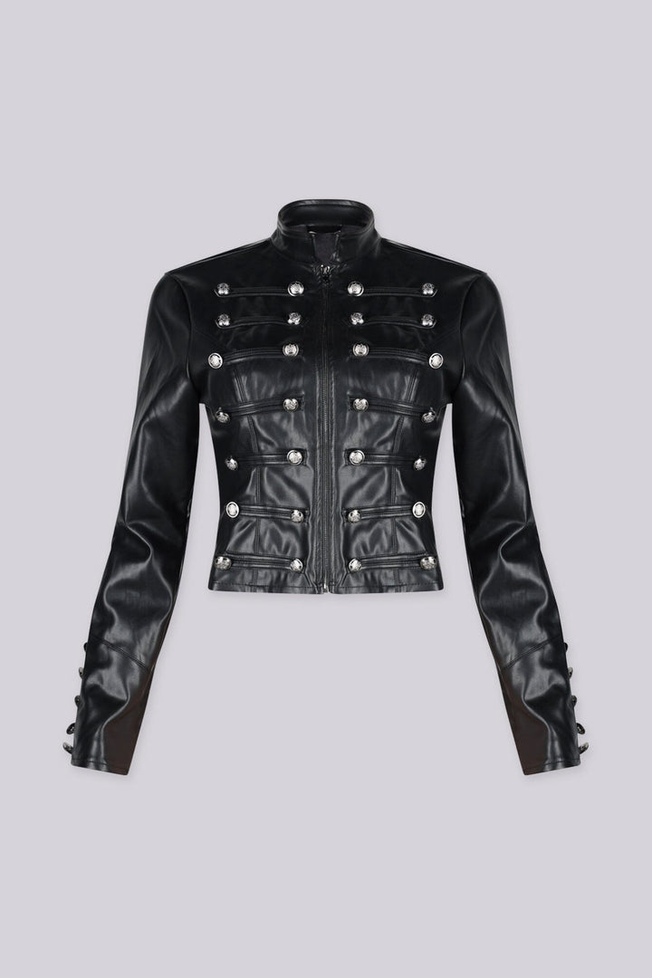 Military inspired fitted faux leather jacket with a stand collar