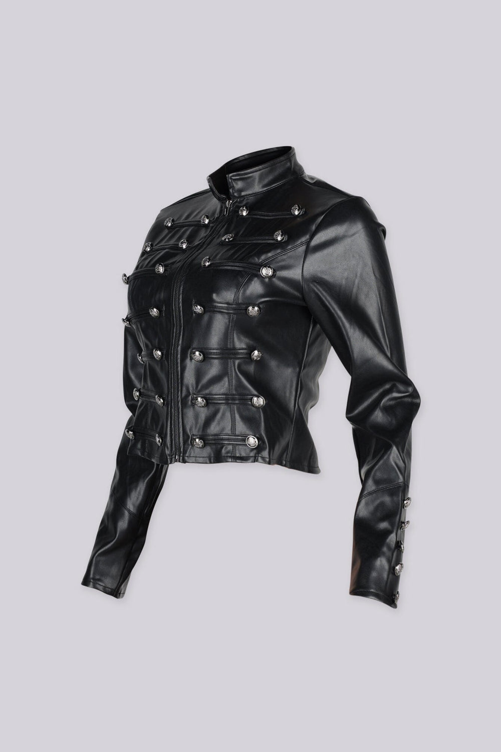 Military inspired fitted faux leather jacket with a stand collar