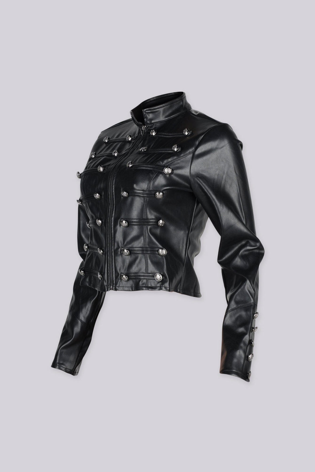 Military inspired fitted faux leather jacket with a stand collar