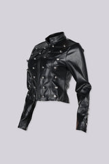 Military inspired fitted faux leather jacket with a stand collar