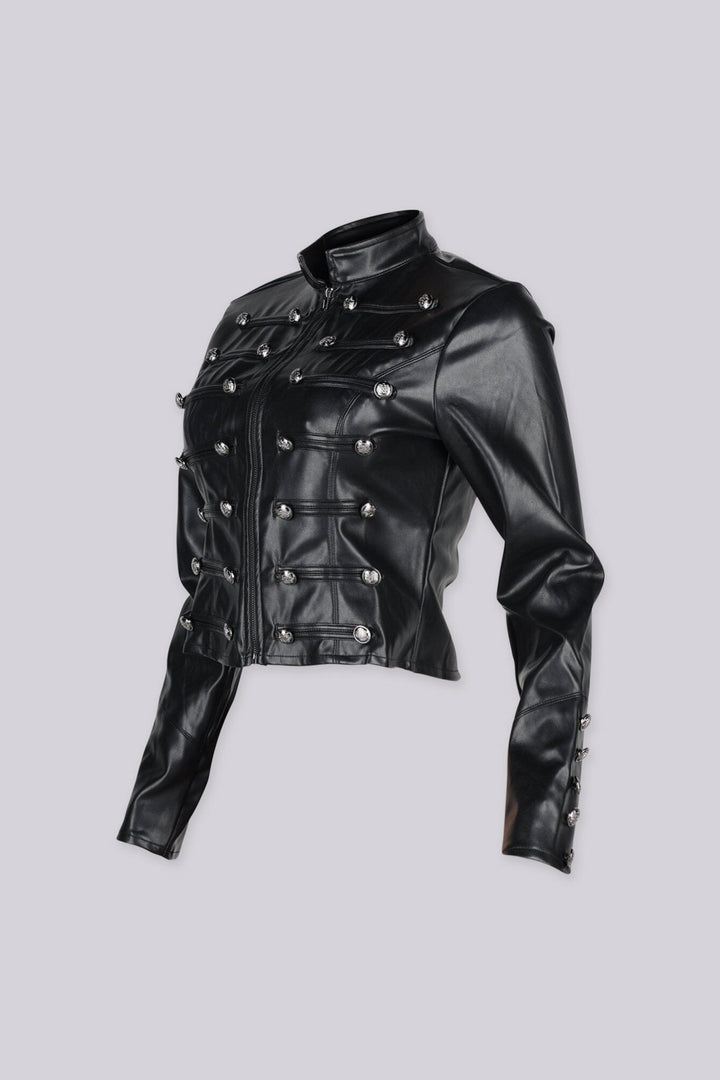 Military inspired fitted faux leather jacket with a stand collar