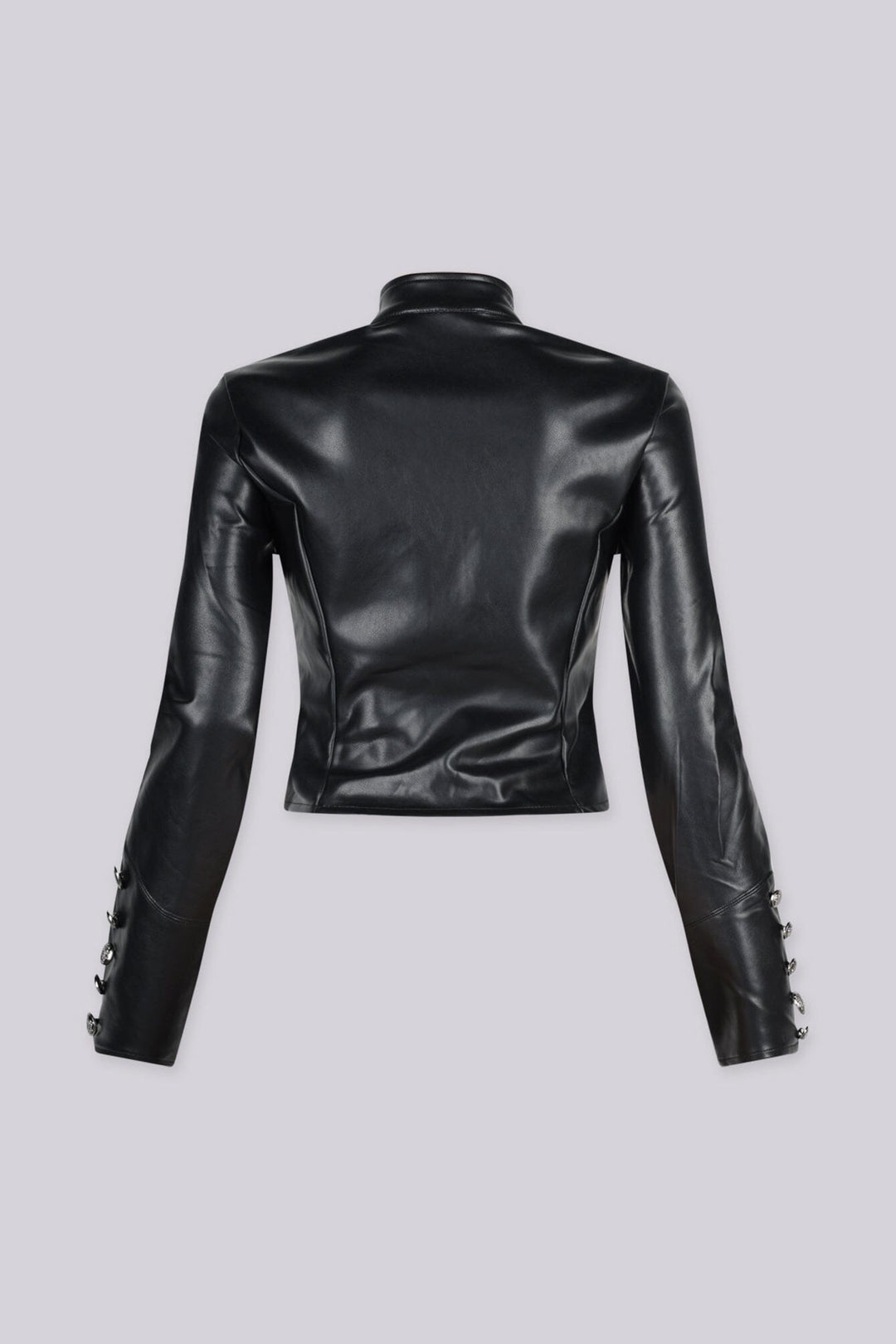 Military inspired fitted faux leather jacket with a stand collar