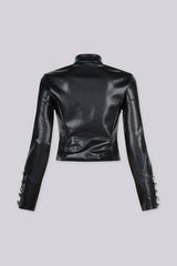 Military inspired fitted faux leather jacket with a stand collar