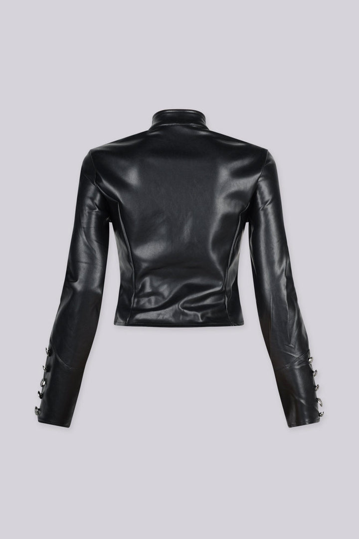 Military inspired fitted faux leather jacket with a stand collar