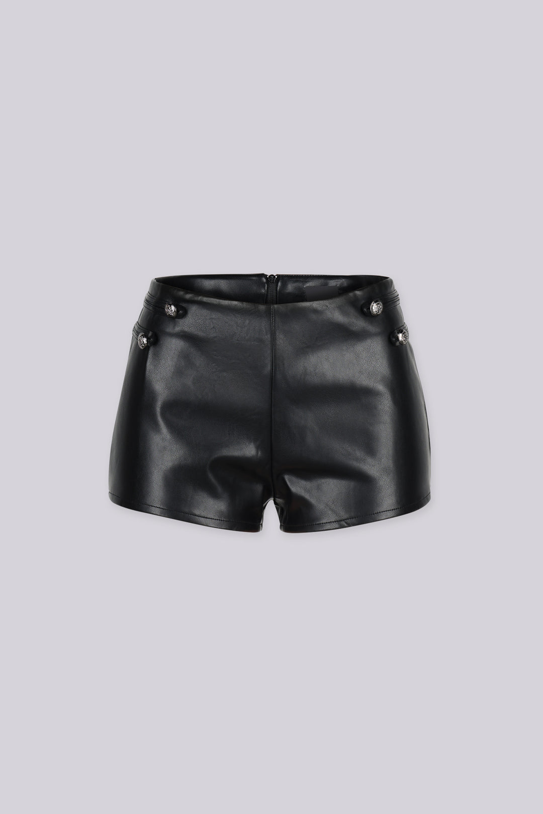 Military inspired high waisted faux leather shorts featuring double decorative buttons with braided cords on the side