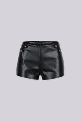Military inspired high waisted faux leather shorts featuring double decorative buttons with braided cords on the side