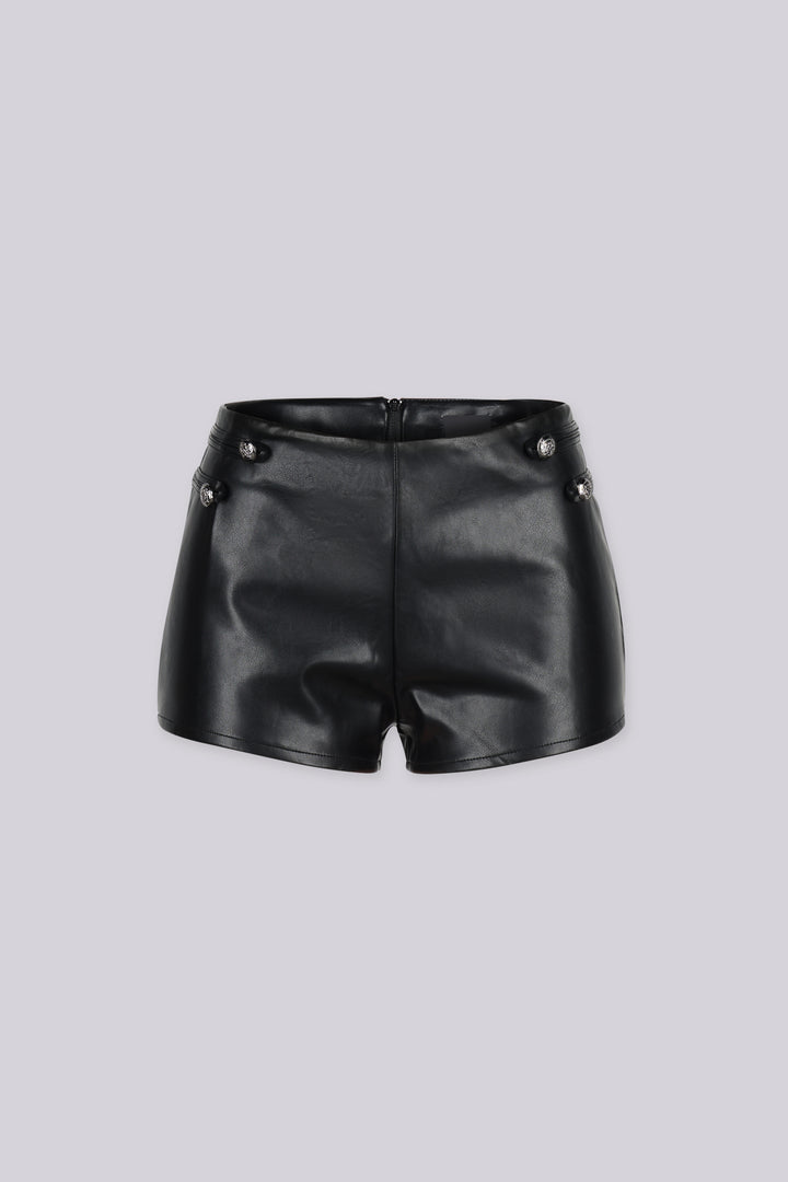 Military inspired high waisted faux leather shorts featuring double decorative buttons with braided cords on the side