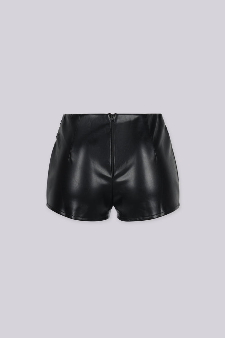 Military inspired high waisted faux leather shorts featuring double decorative buttons with braided cords on the side
