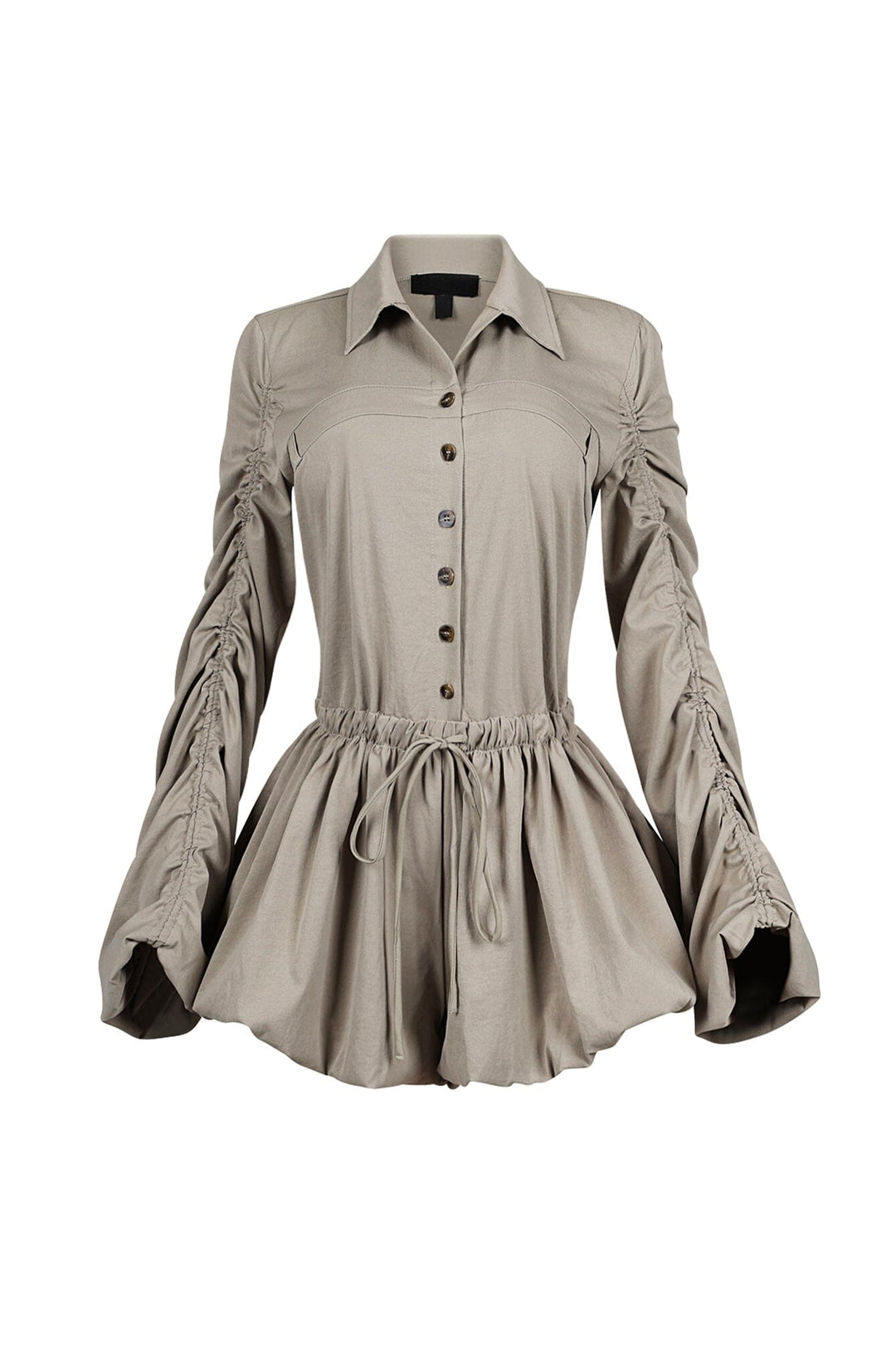 Pointed collared long sleeve romper with drawstring cinch waist with self tie bow featuring bubble hem skirt
Ruching along the outer shoulder seams  
