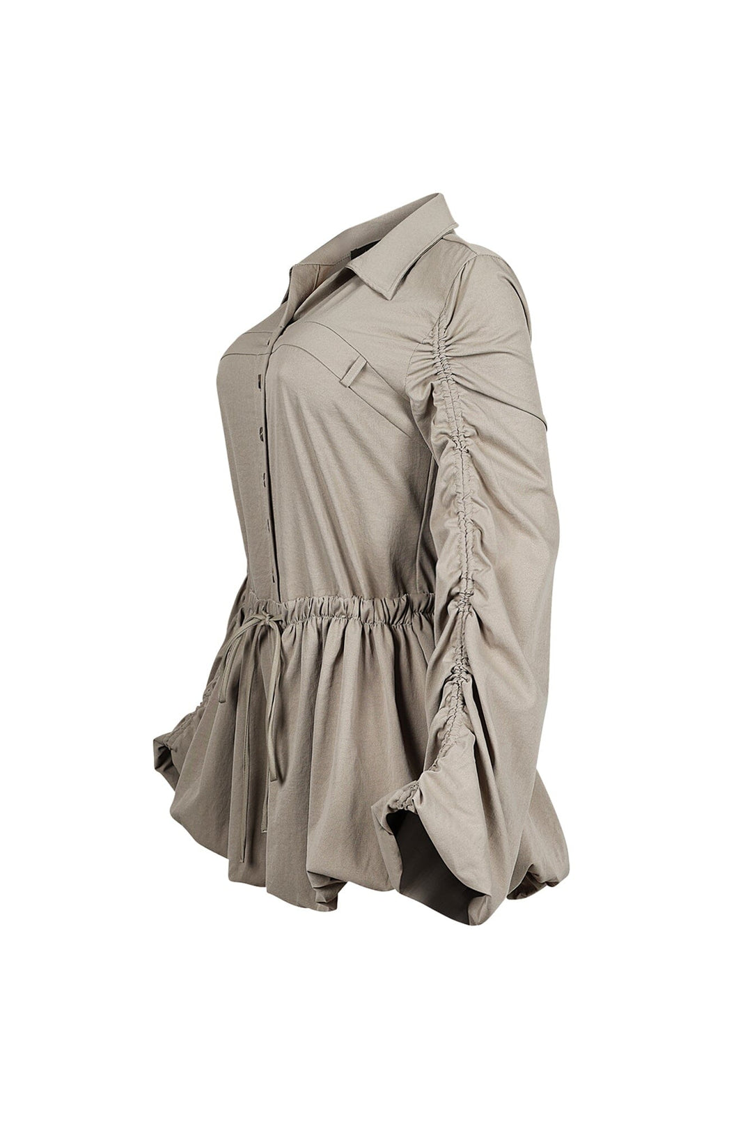 Pointed collared long sleeve romper with drawstring cinch waist with self tie bow featuring bubble hem skirt
Ruching along the outer shoulder seams  
