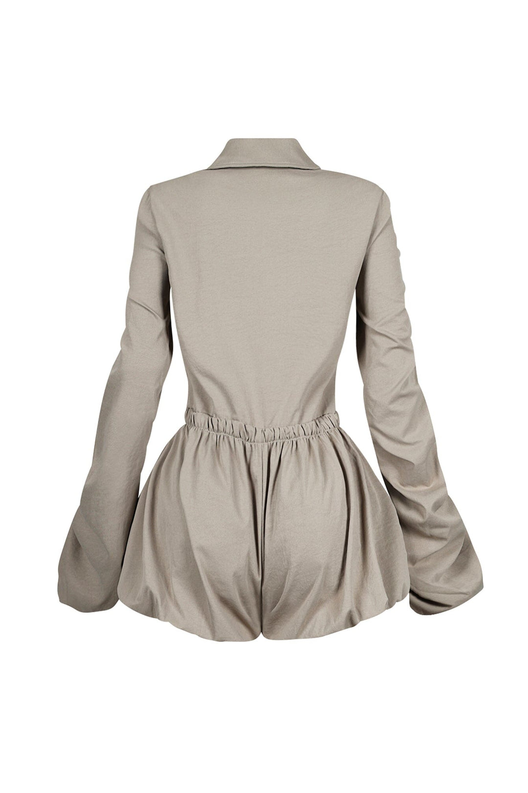 Pointed collared long sleeve romper with drawstring cinch waist with self tie bow featuring bubble hem skirt
Ruching along the outer shoulder seams  