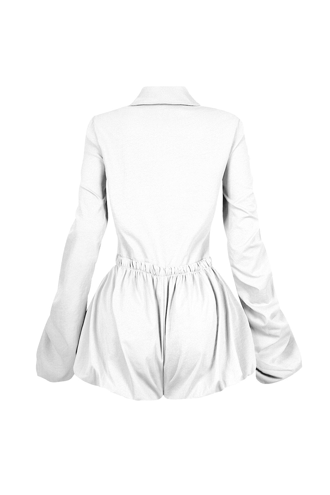 Pointed collared long sleeve romper with drawstring cinch waist with self tie bow featuring bubble hem skirt
Ruching along the outer shoulder seams  