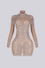 Sheer mesh long sleeve mini dress with scattered crystal and rhinestone embellishment throughout