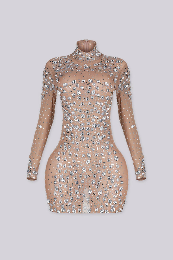 Sheer mesh long sleeve mini dress with scattered crystal and rhinestone embellishment throughout