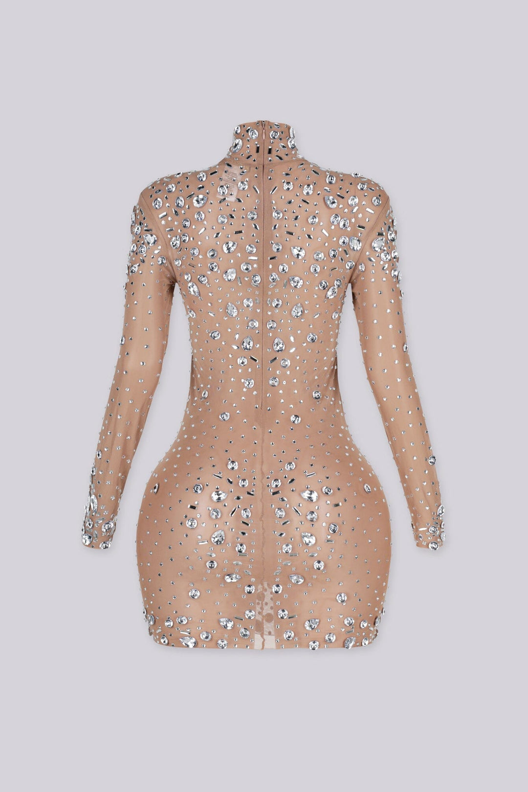 Sheer mesh long sleeve mini dress with scattered crystal and rhinestone embellishment throughout