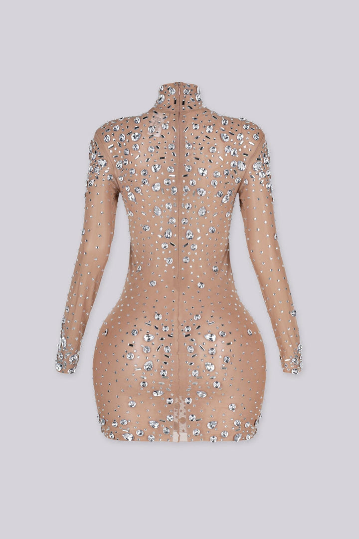 Sheer mesh long sleeve mini dress with scattered crystal and rhinestone embellishment throughout