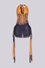 Mixed tie dye sheer mini dress with deep plunging cowl neckline featuring two long cascading ties falling from the sides