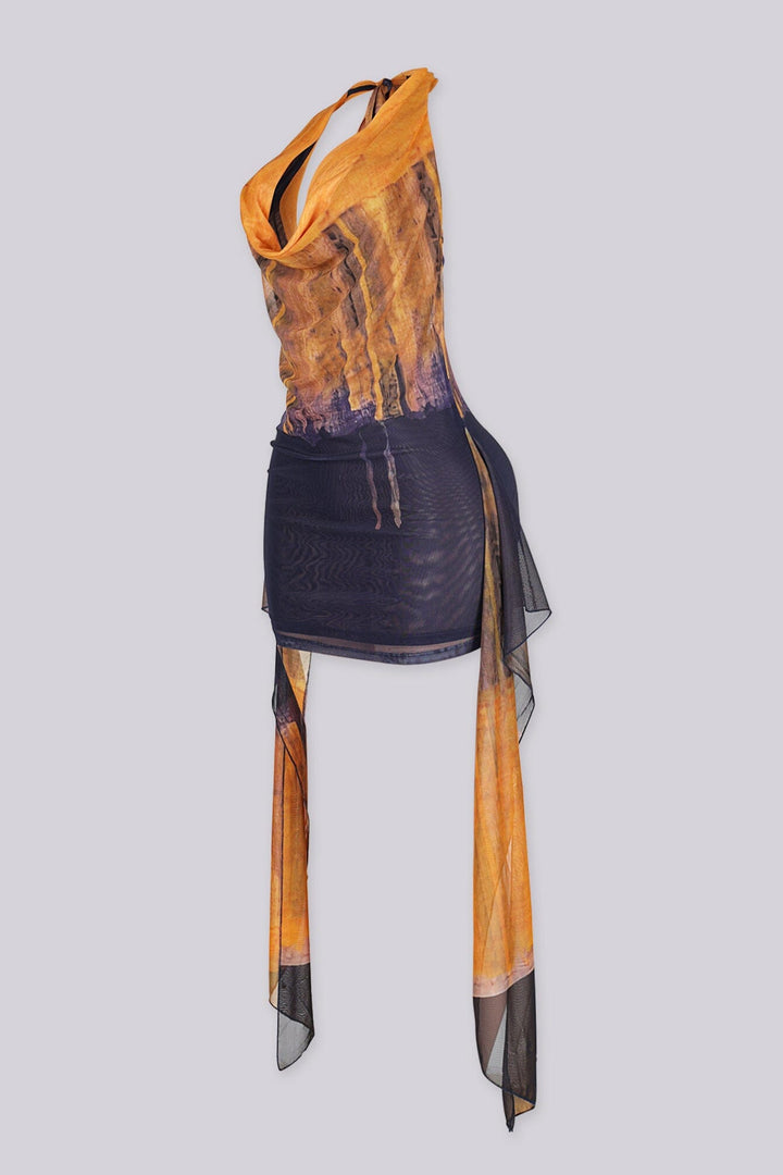Mixed tie dye sheer mini dress with deep plunging cowl neckline featuring two long cascading ties falling from the sides