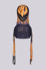 Mixed tie dye sheer mini dress with deep plunging cowl neckline featuring two long cascading ties falling from the sides
