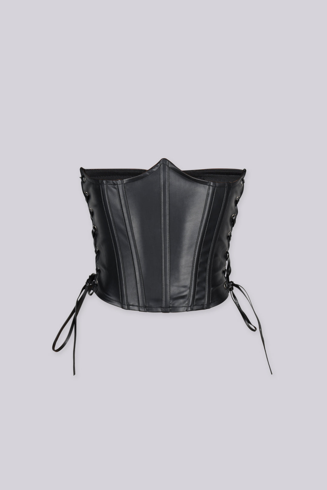Faux leather structured corset belt with vertical boning seams shape and define through the waist