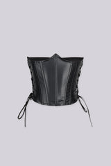 Faux leather structured corset belt with vertical boning seams shape and define through the waist