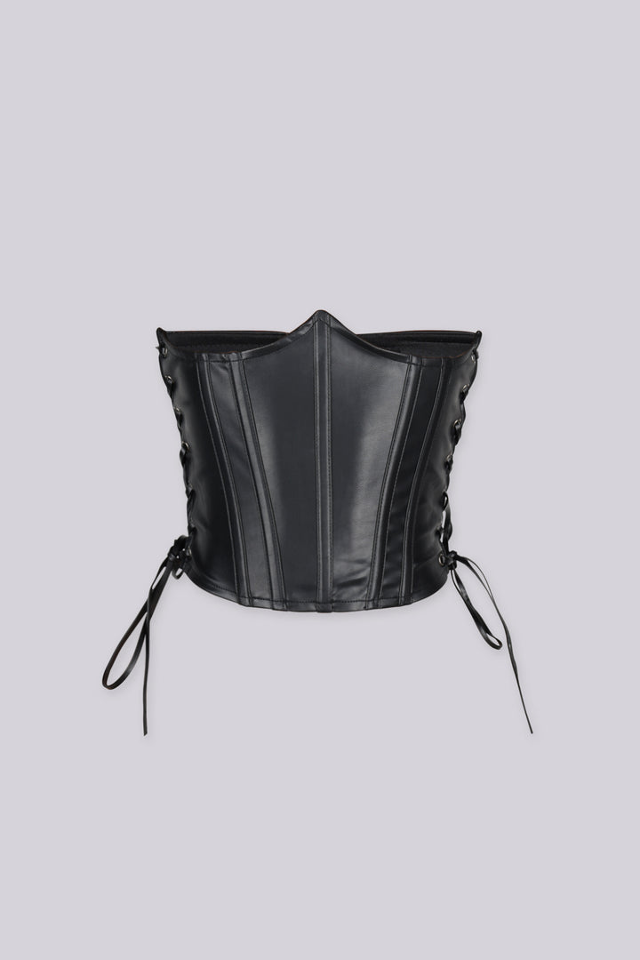 Faux leather structured corset belt with vertical boning seams shape and define through the waist