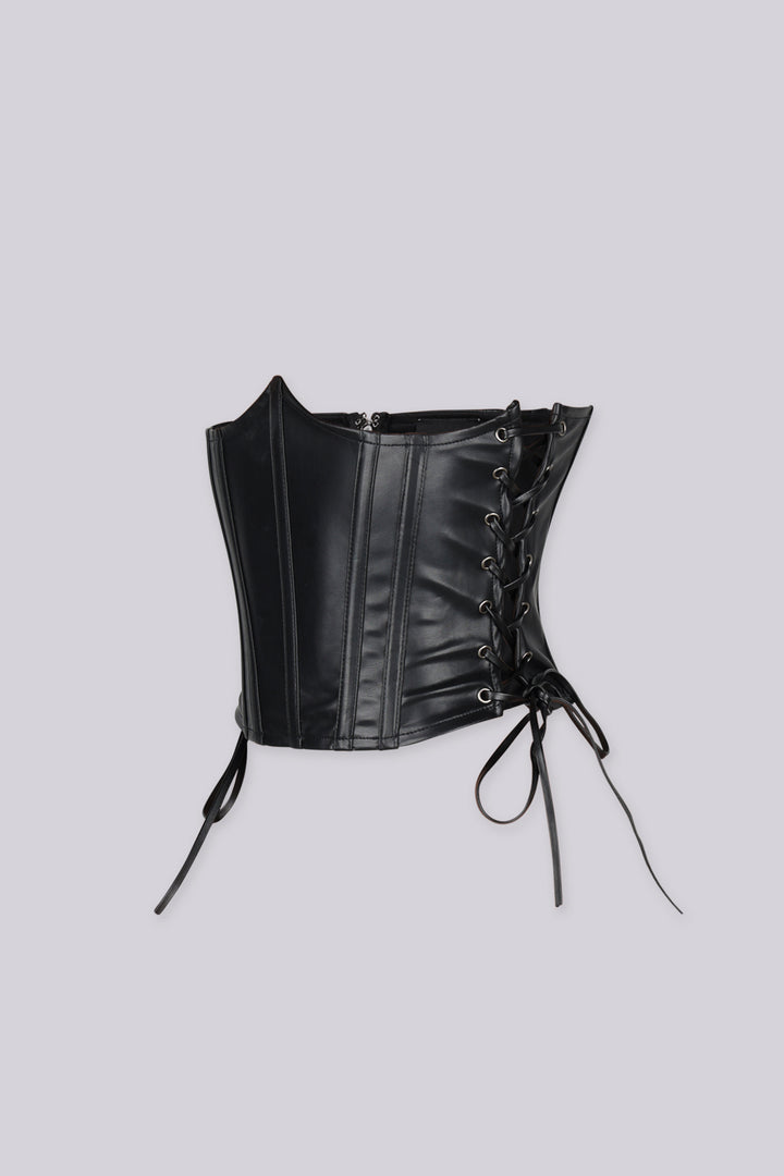 Faux leather structured corset belt with vertical boning seams shape and define through the waist