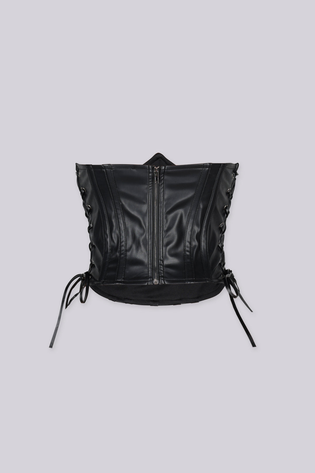 Faux leather structured corset belt with vertical boning seams shape and define through the waist