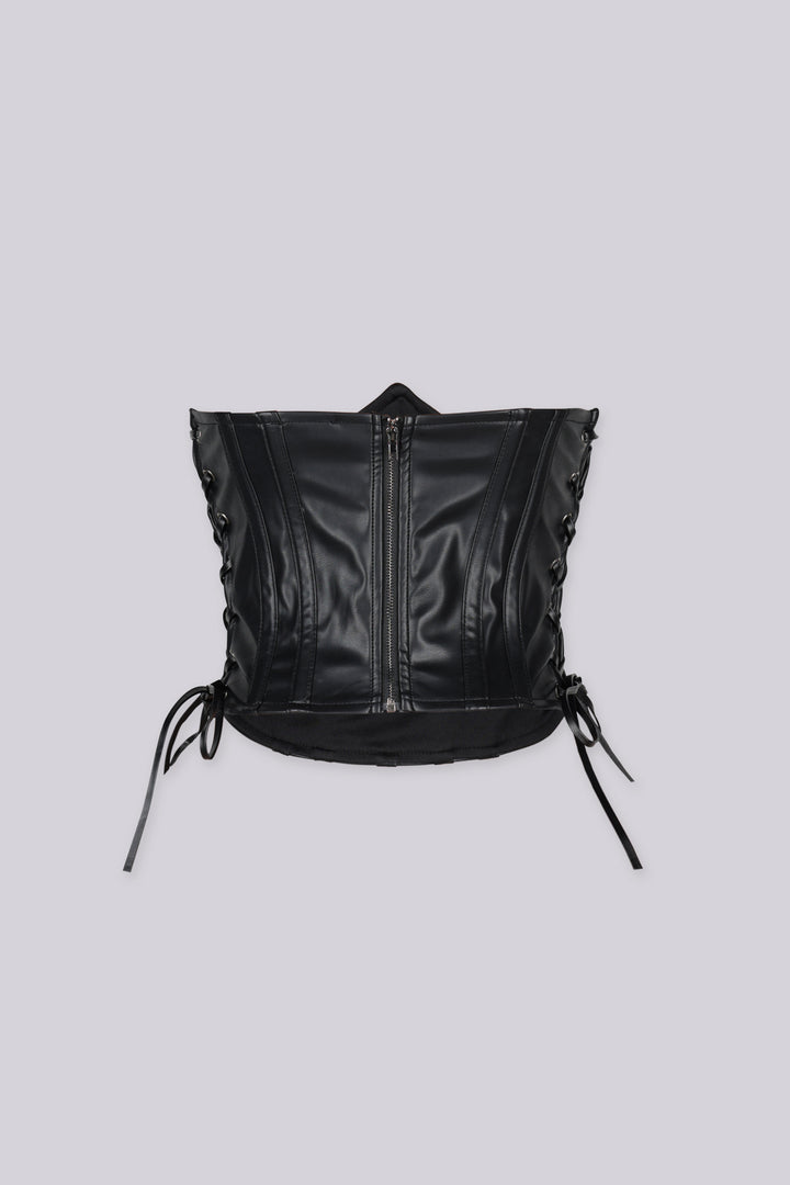 Faux leather structured corset belt with vertical boning seams shape and define through the waist