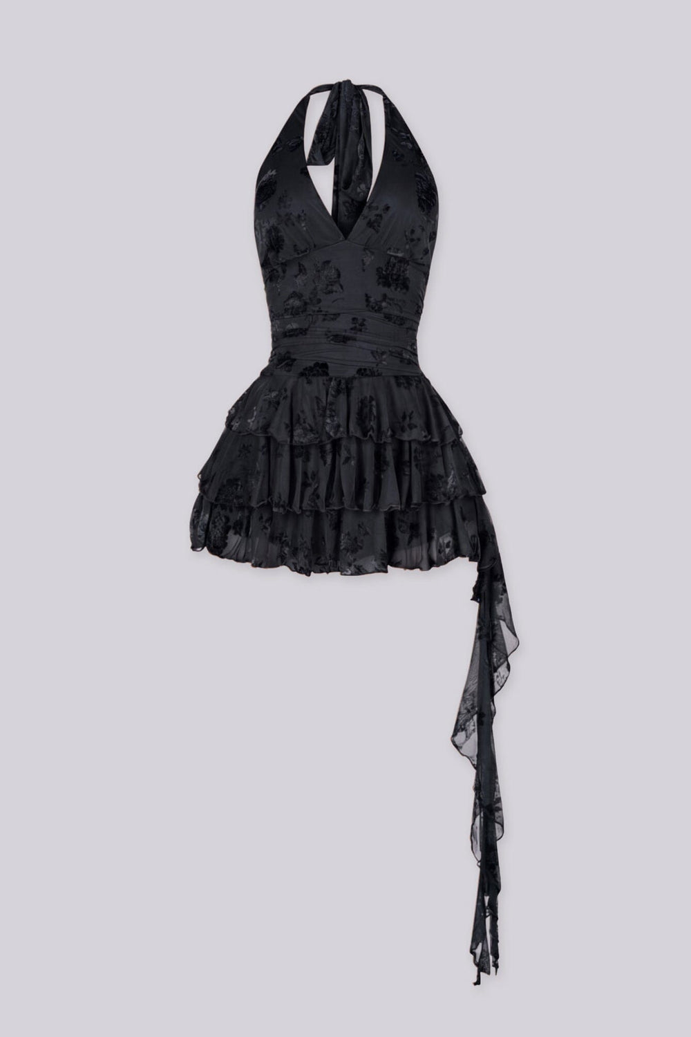 Sleeveless fitted mini dress with halter plunging V neckline and ruched bodice