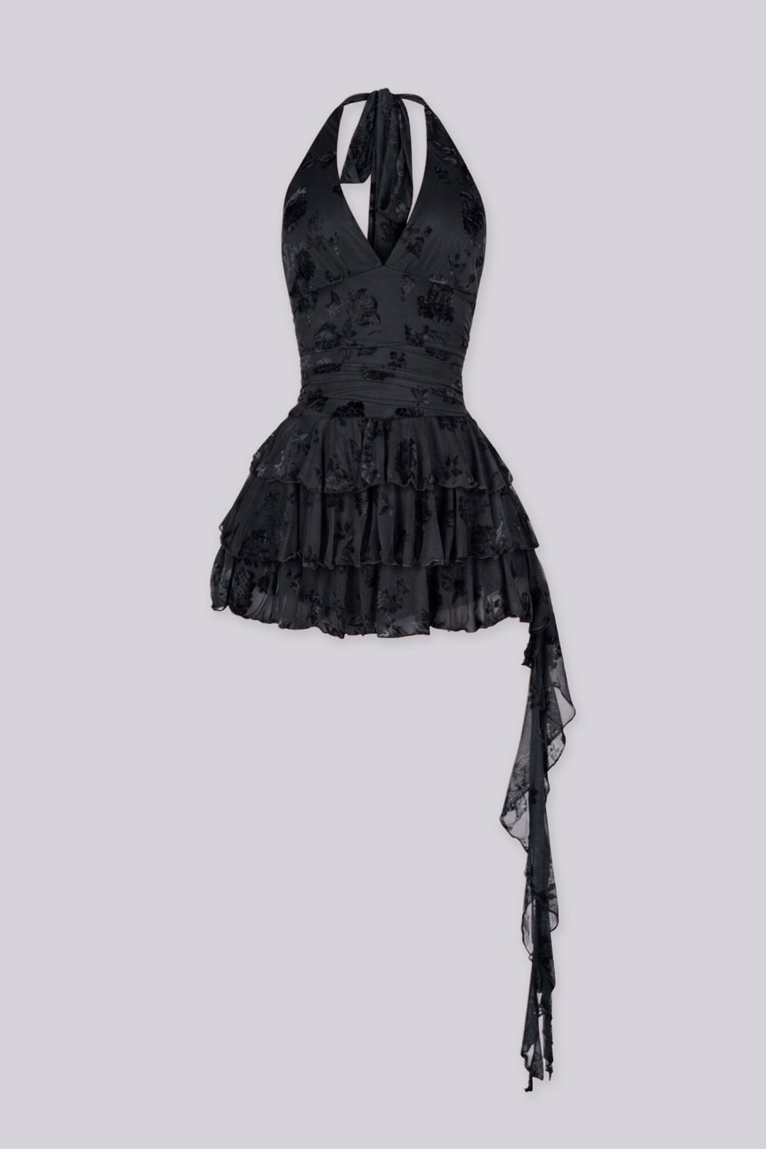 Sleeveless fitted mini dress with halter plunging V neckline and ruched bodice