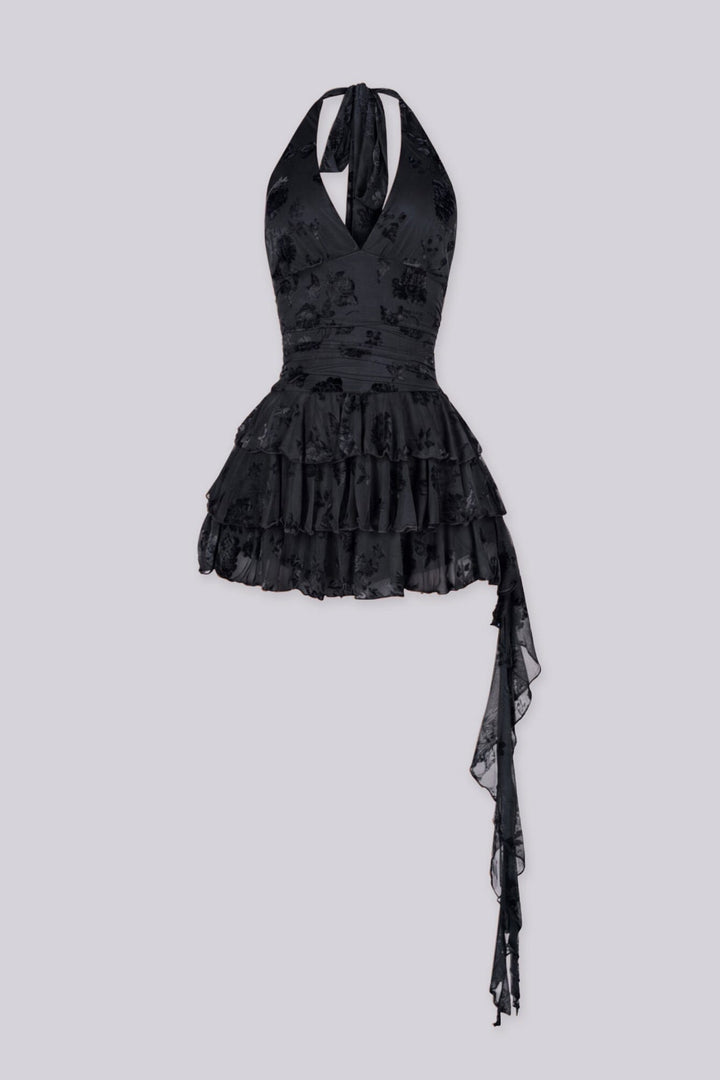Sleeveless fitted mini dress with halter plunging V neckline and ruched bodice