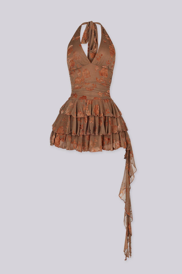 Sleeveless fitted mini dress with halter plunging V neckline and ruched bodice