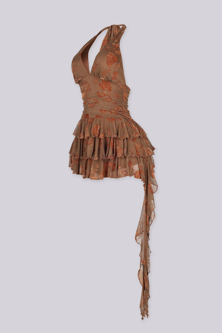Corinne Floral Mesh Halter Mini Dress