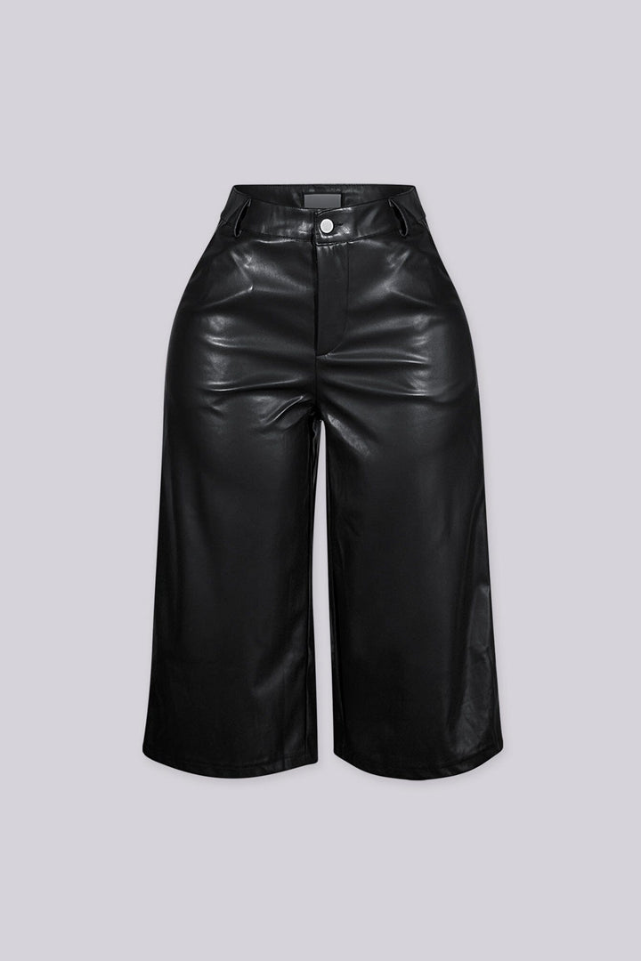Faux leather high waist wide leg culotte pants with belt loops and front pockets