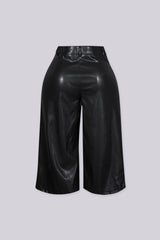 Faux leather high waist wide leg culotte pants with belt loops and front pockets